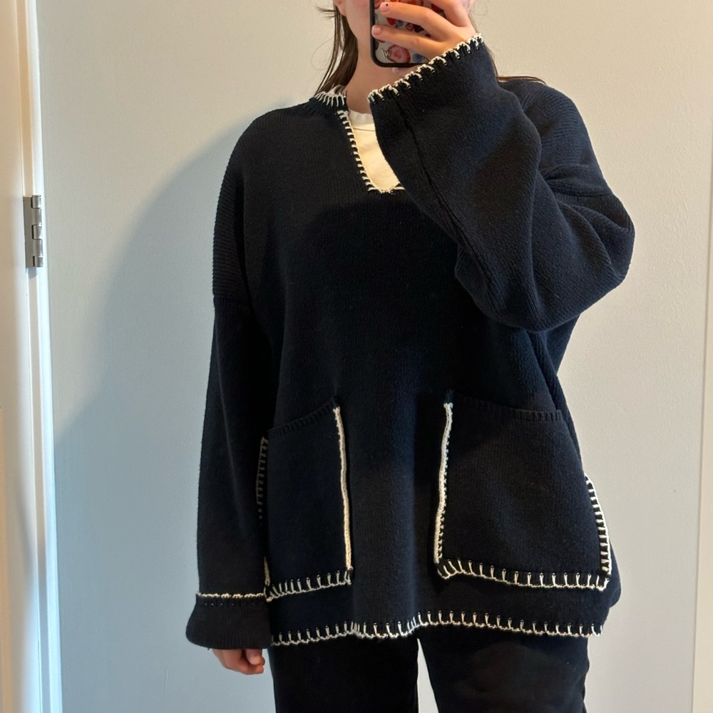 Zara Black Sweater with White Trim